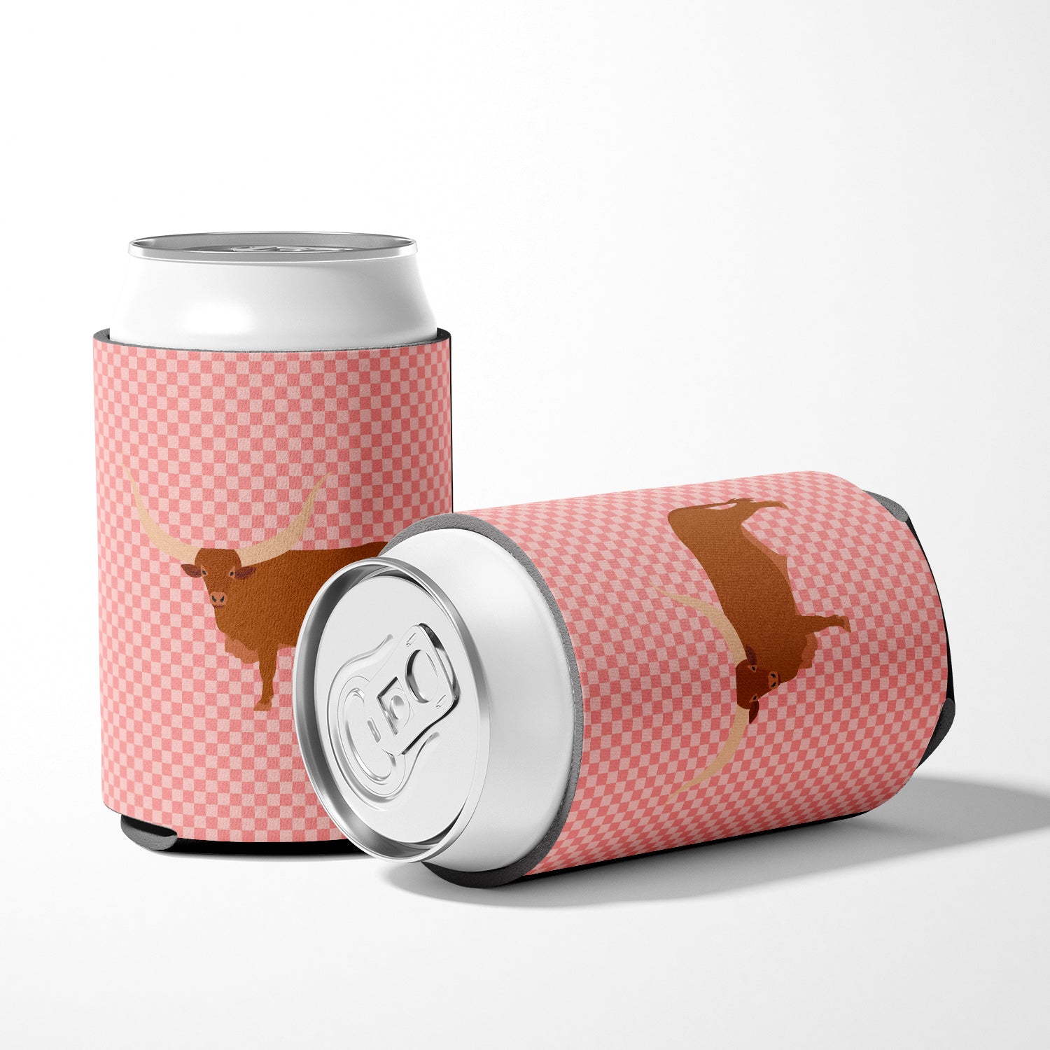 Ankole-Watusu Cow Pink Check Can or Bottle Hugger Cooler Sleeve for Standard 12 oz Cans, Insulated Foam Beer & Soda Can Hugger Reusable