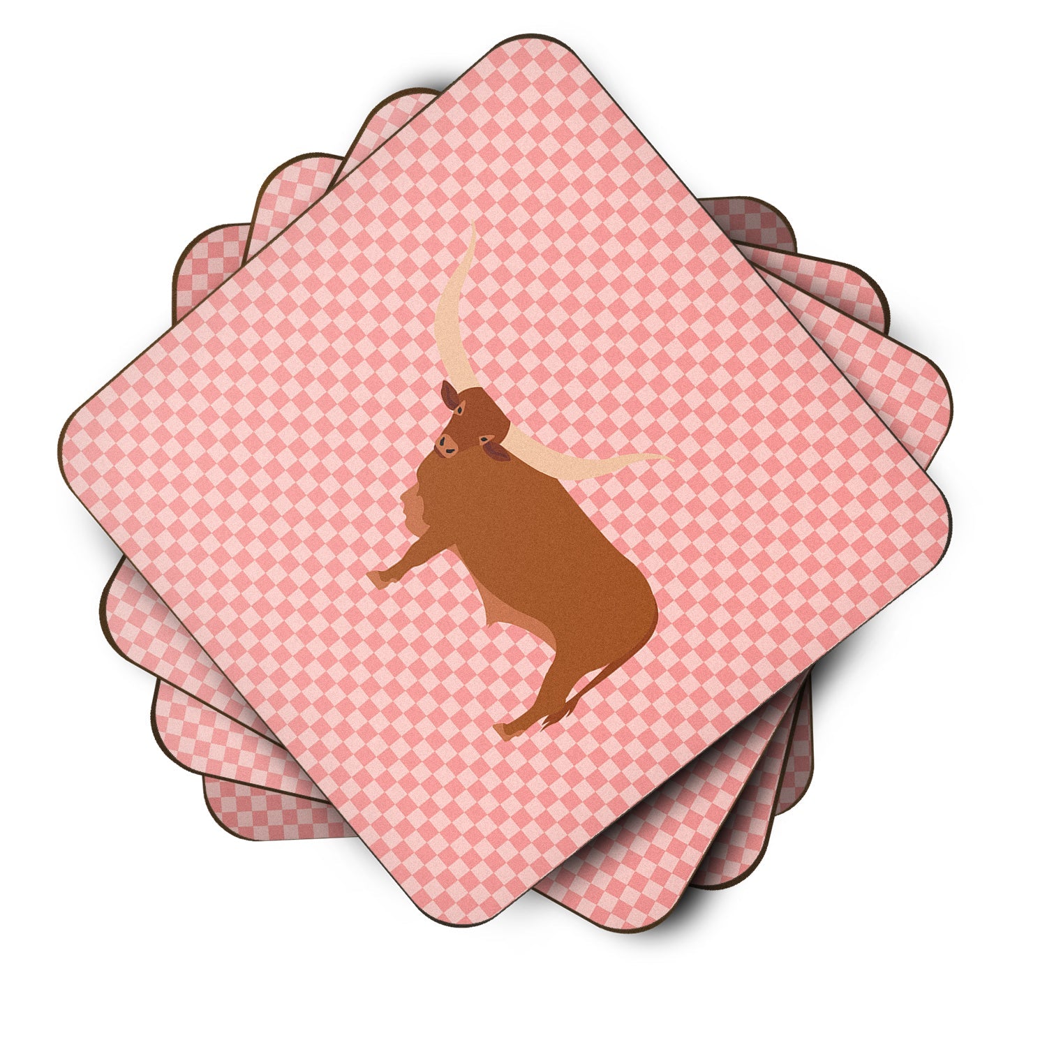 Ankole-Watusu Cow Pink Check Foam Coasters Set of 4 Cup Coasters for Indoor Outdoor, Tabletop Protection, Anti Slip, Mouse pad Material