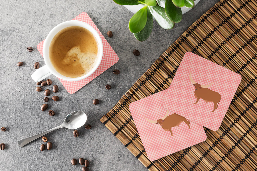 Ankole-Watusu Cow Pink Check Foam Coasters Set of 4 Cup Coasters for Indoor Outdoor, Tabletop Protection, Anti Slip, Mouse pad Material