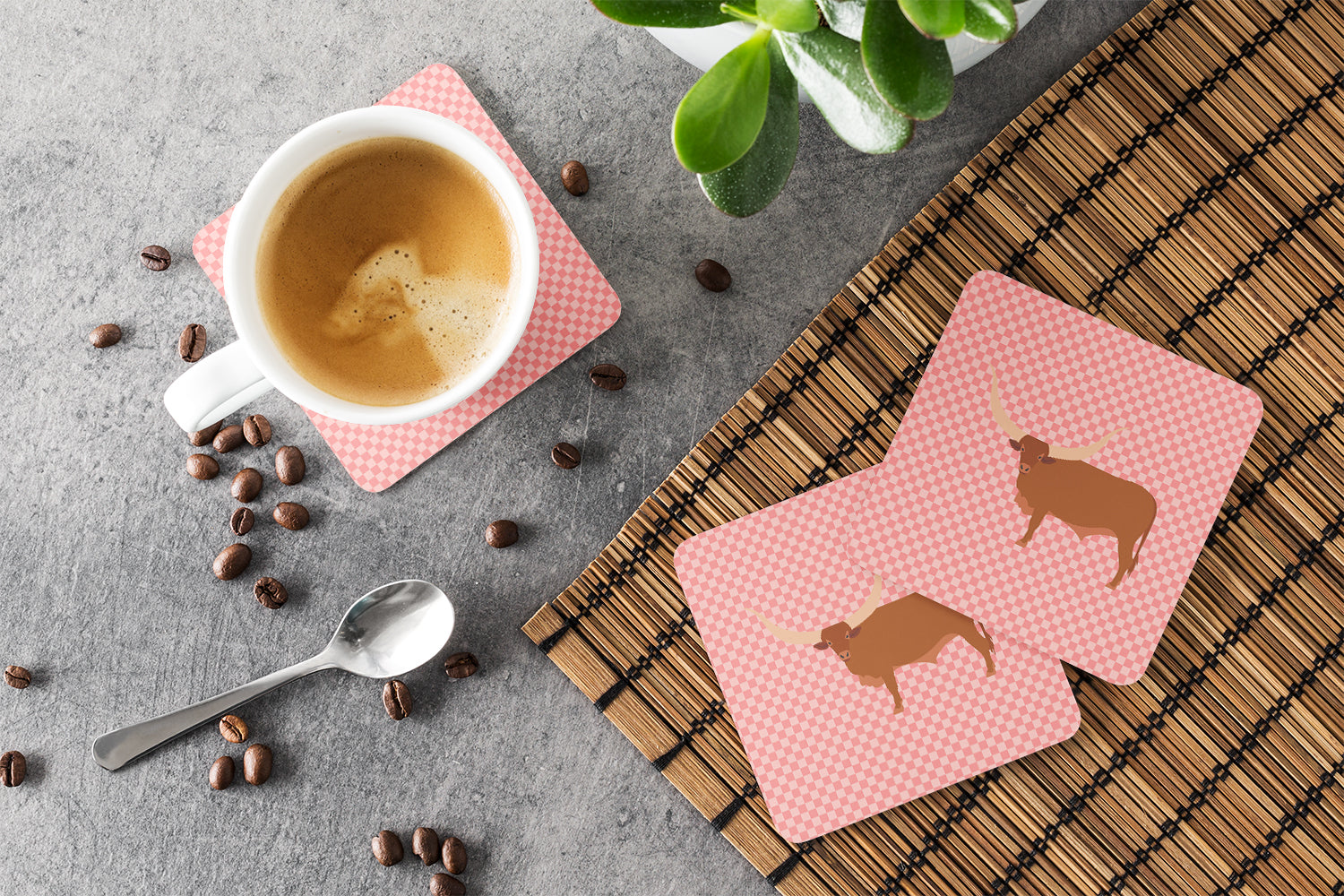 Ankole-Watusu Cow Pink Check Foam Coasters Set of 4 Cup Coasters for Indoor Outdoor, Tabletop Protection, Anti Slip, Mouse pad Material