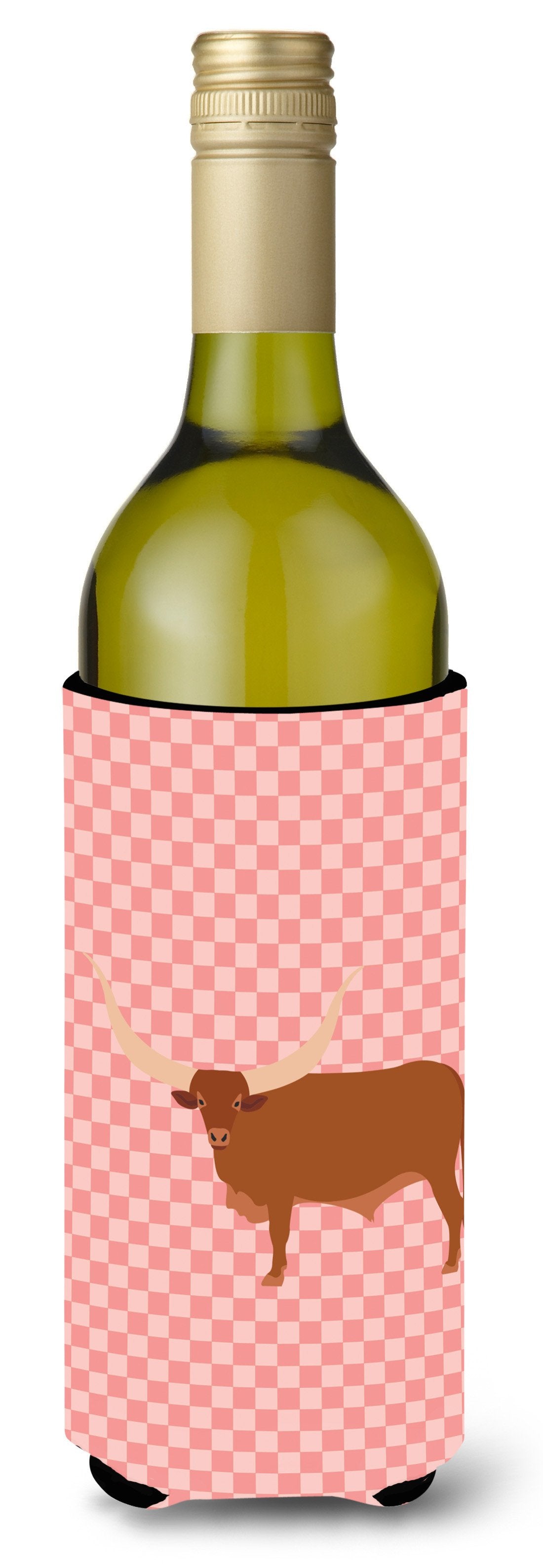 Ankole-Watusu Cow Pink Check Wine Bottle Hugger Gift Sleeve for Standard 750 ml Bottles, Insulated Reusable Also Fits Mini Shot & Pint Bottles