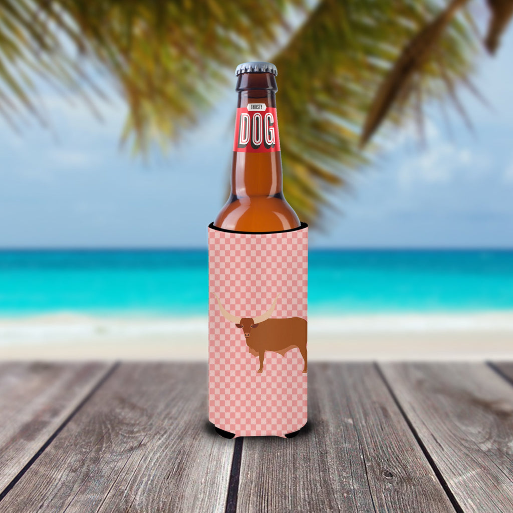 Ankole-Watusu Cow Pink Check Slim Can Hugger , Insulated Foam Hugger for 12 oz Slim Cans, Beer Bottles & Water Bottles, Printed in USA