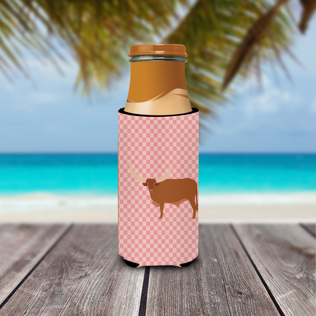 Ankole-Watusu Cow Pink Check Slim Can Hugger , Insulated Foam Hugger for 12 oz Slim Cans, Beer Bottles & Water Bottles, Printed in USA