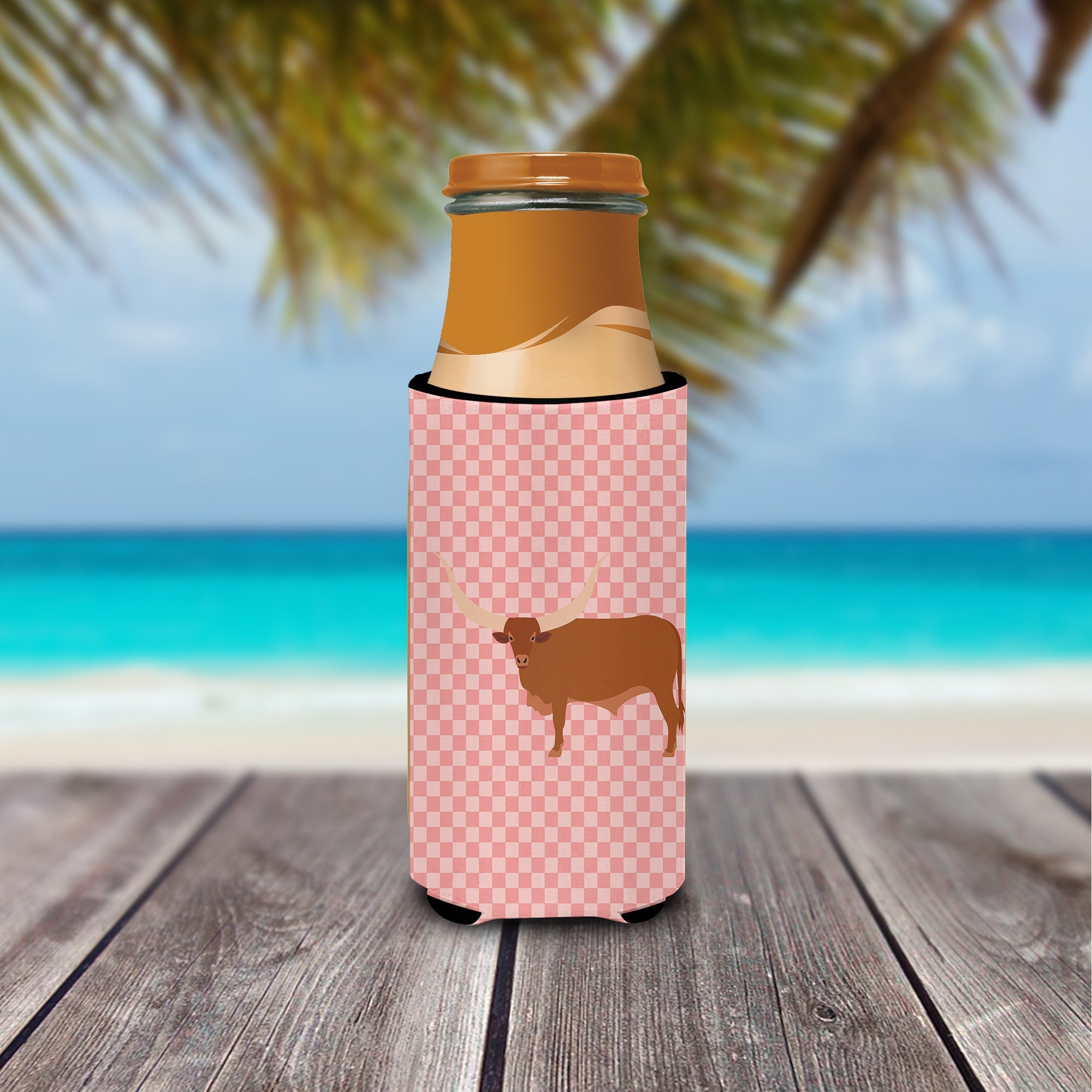 Ankole-Watusu Cow Pink Check Slim Can Hugger , Insulated Foam Hugger for 12 oz Slim Cans, Beer Bottles & Water Bottles, Printed in USA
