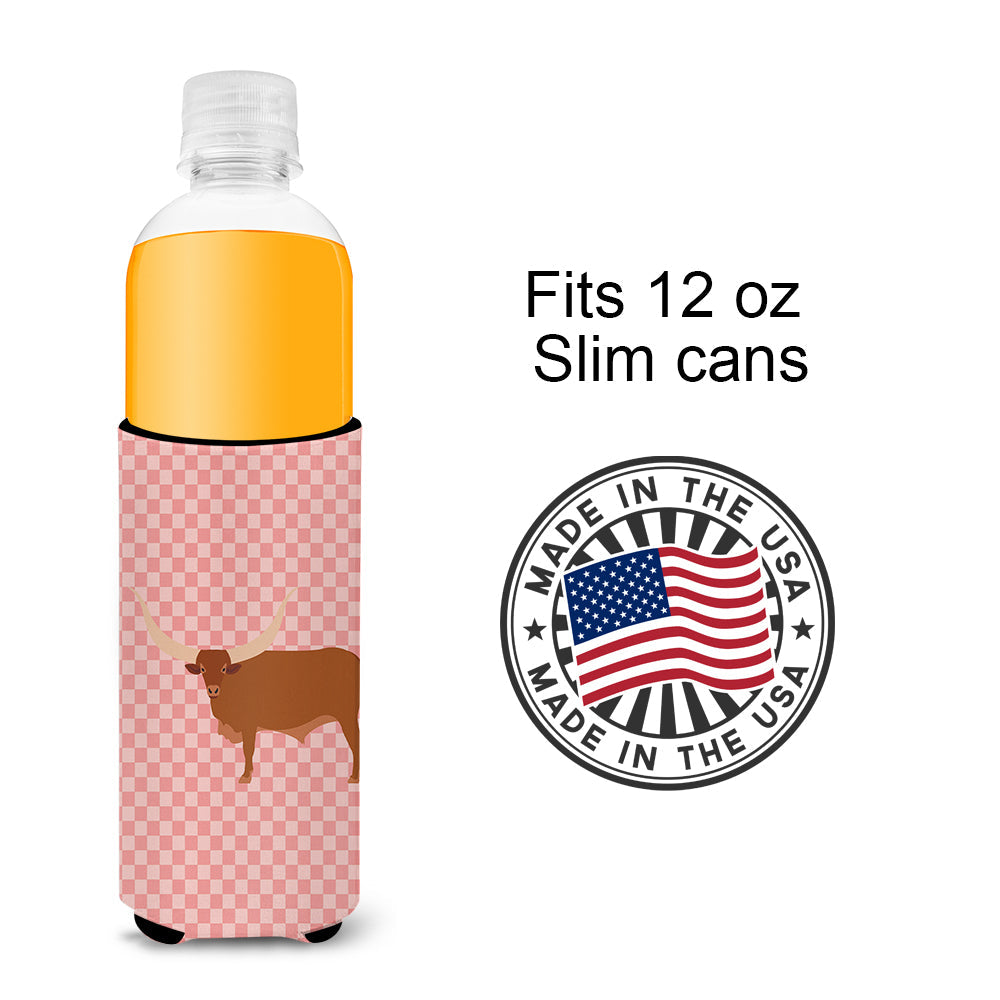 Ankole-Watusu Cow Pink Check Slim Can Hugger , Insulated Foam Hugger for 12 oz Slim Cans, Beer Bottles & Water Bottles, Printed in USA