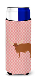 Ankole-Watusu Cow Pink Check Slim Can Hugger , Insulated Foam Hugger for 12 oz Slim Cans, Beer Bottles & Water Bottles, Printed in USA