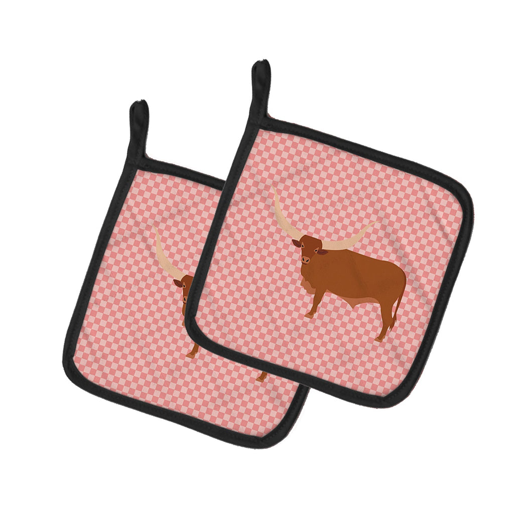 Ankole-Watusu Cow Pink Check Pot Holder Set of 2 Heat Resistant Quilted Hot Pads 7.5 x 7.5 Inch, Insulated Kitchen Trivets for Cooking & Baking