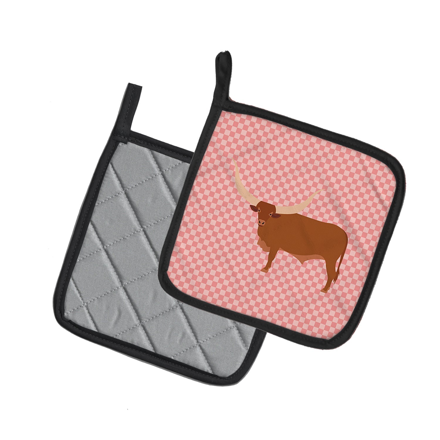 Ankole-Watusu Cow Pink Check Pot Holder Set of 2 Heat Resistant Quilted Hot Pads 7.5 x 7.5 Inch, Insulated Kitchen Trivets for Cooking & Baking