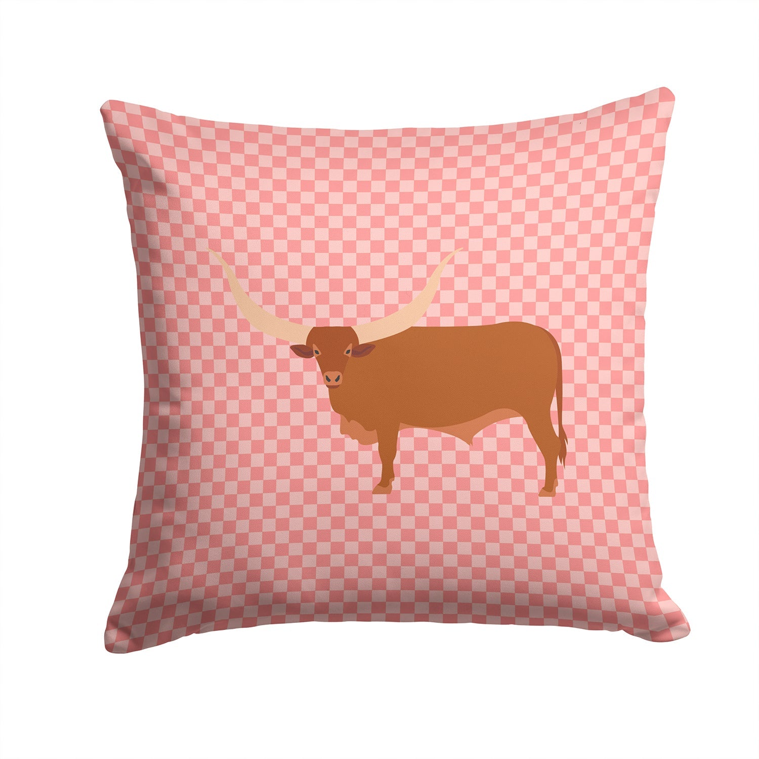Ankole-Watusu Cow Pink Check Decorative Throw Pillow 14x14 Indoor Outdoor Accent Cushion, Fabric Cover with Insert for Sofa, Bed, Porch & Living Room