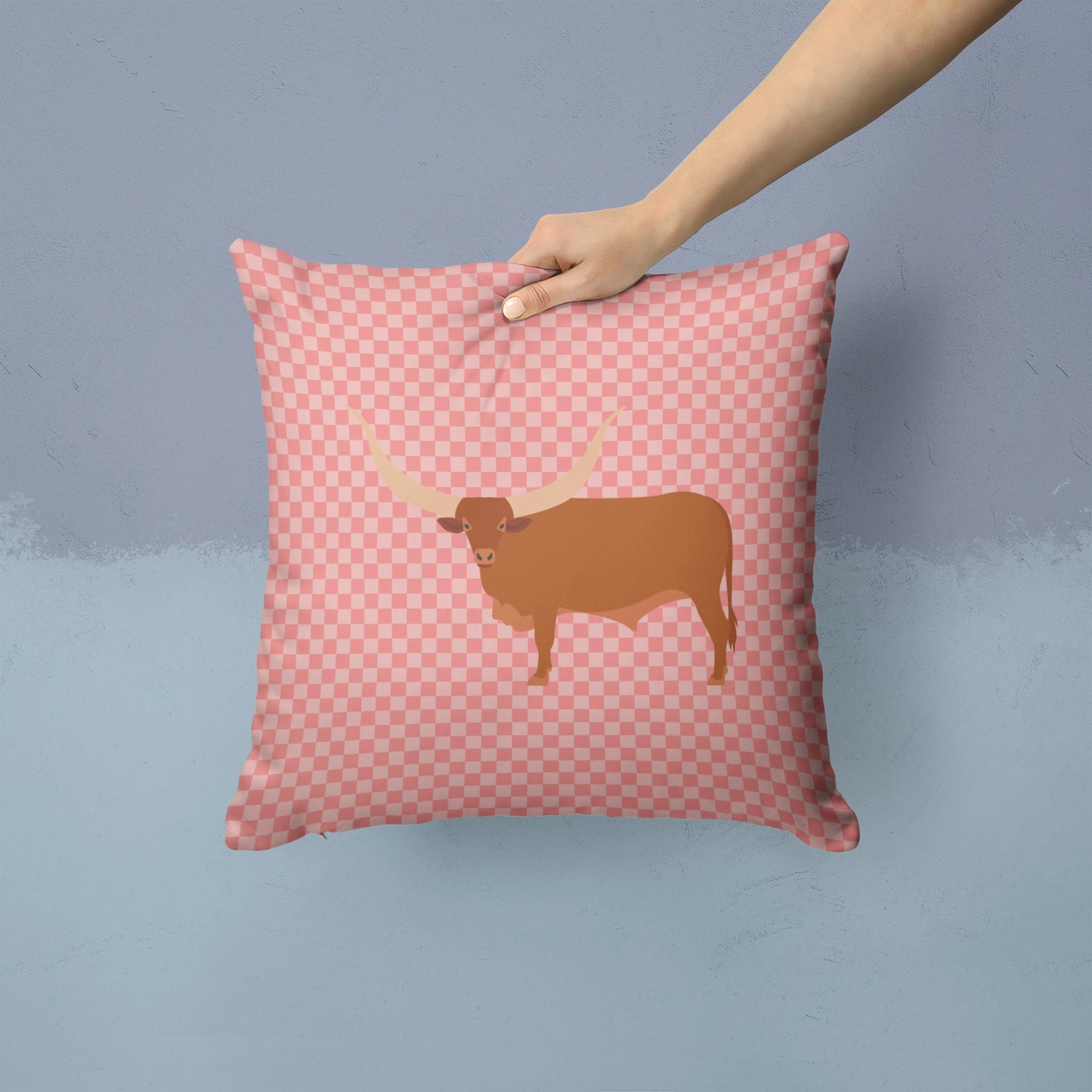 Ankole-Watusu Cow Pink Check Decorative Throw Pillow 14x14 Indoor Outdoor Accent Cushion, Fabric Cover with Insert for Sofa, Bed, Porch & Living Room