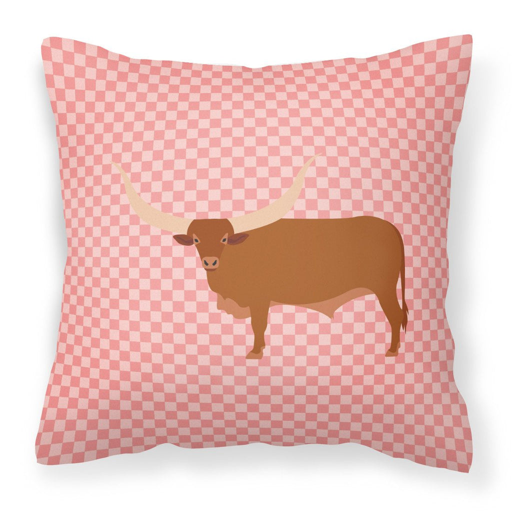 Ankole-Watusu Cow Pink Check Decorative Throw Pillow 18x18 Indoor Outdoor Accent Cushion, Fabric Cover with Insert for Sofa, Bed, Porch & Living Room