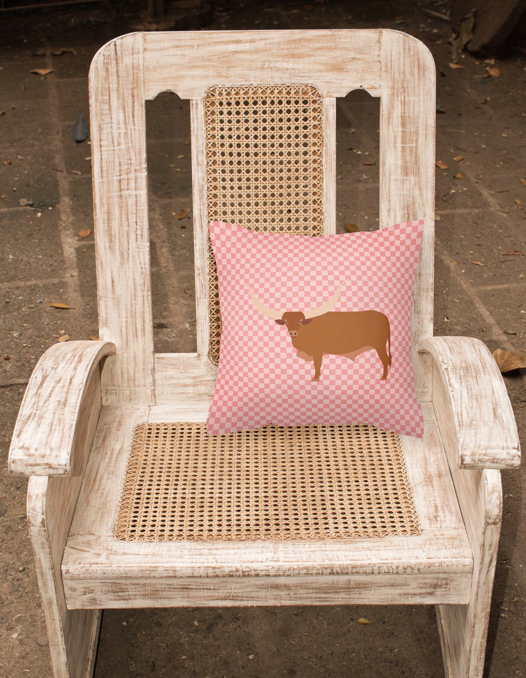 Ankole-Watusu Cow Pink Check Decorative Throw Pillow 18x18 Indoor Outdoor Accent Cushion, Fabric Cover with Insert for Sofa, Bed, Porch & Living Room