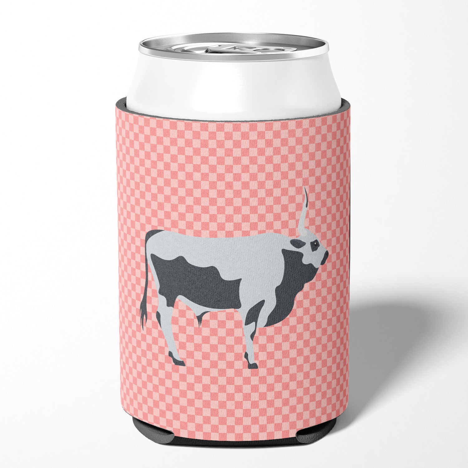 Hungarian Grey Steppe Cow Pink Check Can or Bottle Hugger Cooler Sleeve for Standard 12 oz Cans, Insulated Foam Beer & Soda Can Hugger Reusable