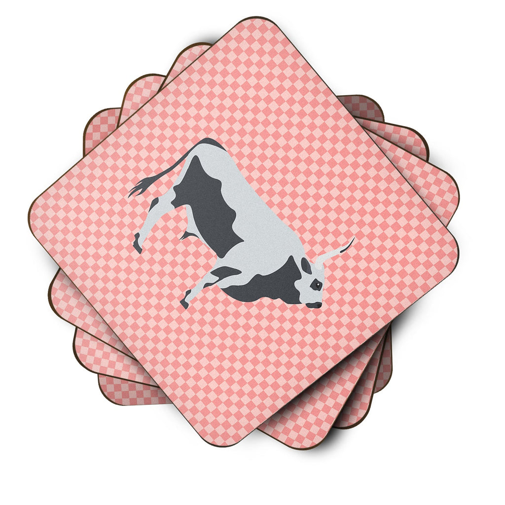 Hungarian Grey Steppe Cow Pink Check Foam Coasters Set of 4 Cup Coasters for Indoor Outdoor, Tabletop Protection, Anti Slip, Mouse pad Material