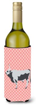 Hungarian Grey Steppe Cow Pink Check Wine Bottle Hugger Gift Sleeve for Standard 750 ml Bottles, Insulated Reusable Also Fits Mini Shot & Pint Bottles