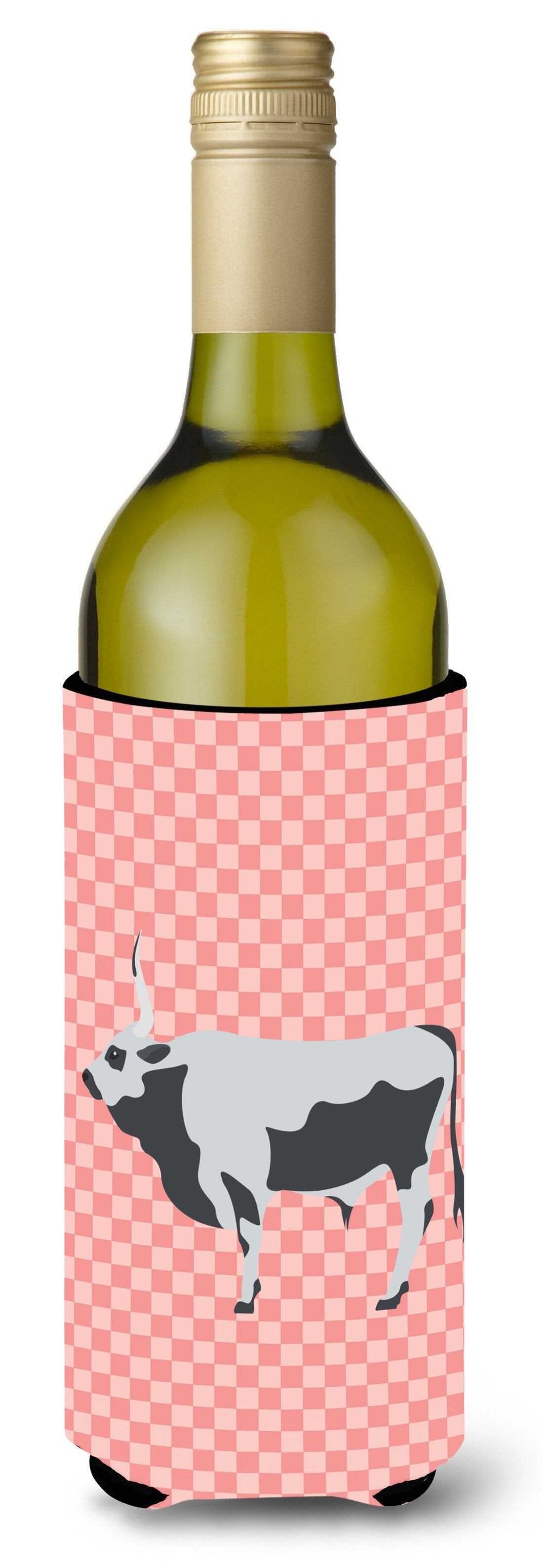 Hungarian Grey Steppe Cow Pink Check Wine Bottle Hugger Gift Sleeve for Standard 750 ml Bottles, Insulated Reusable Also Fits Mini Shot & Pint Bottles
