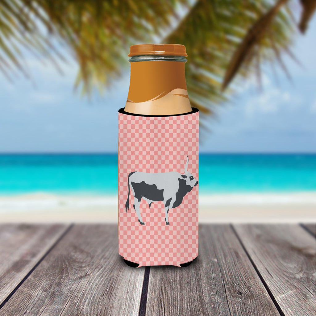 Hungarian Grey Steppe Cow Pink Check Slim Can Hugger , Insulated Foam Hugger for 12 oz Slim Cans, Beer Bottles & Water Bottles, Printed in USA