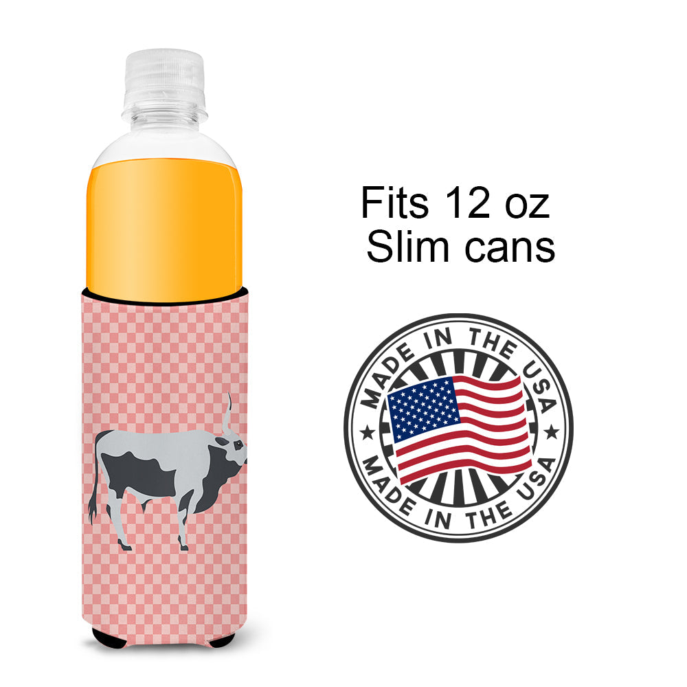Hungarian Grey Steppe Cow Pink Check Slim Can Hugger , Insulated Foam Hugger for 12 oz Slim Cans, Beer Bottles & Water Bottles, Printed in USA