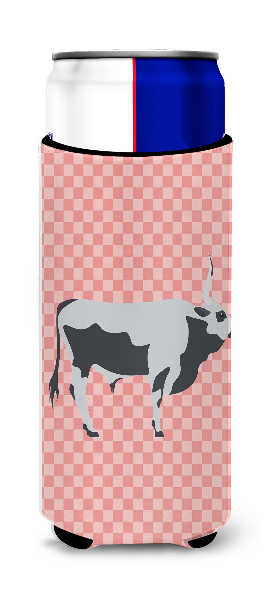Hungarian Grey Steppe Cow Pink Check Slim Can Hugger , Insulated Foam Hugger for 12 oz Slim Cans, Beer Bottles & Water Bottles, Printed in USA
