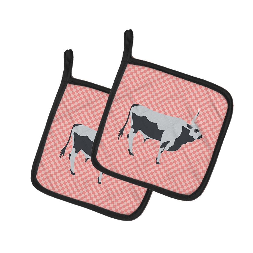 Hungarian Grey Steppe Cow Pink Check Pot Holder Set of 2 Heat Resistant Quilted Hot Pads 7.5 x 7.5 Inch, Insulated Kitchen Trivets for Cooking & Baking