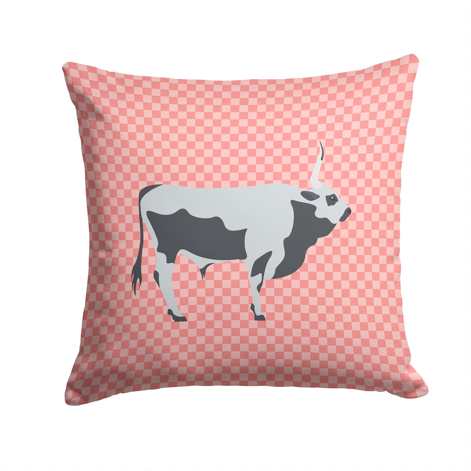 Hungarian Grey Steppe Cow Pink Check Decorative Throw Pillow 14x14 Indoor Outdoor Accent Cushion, Fabric Cover with Insert for Sofa, Bed, Porch & Living Room