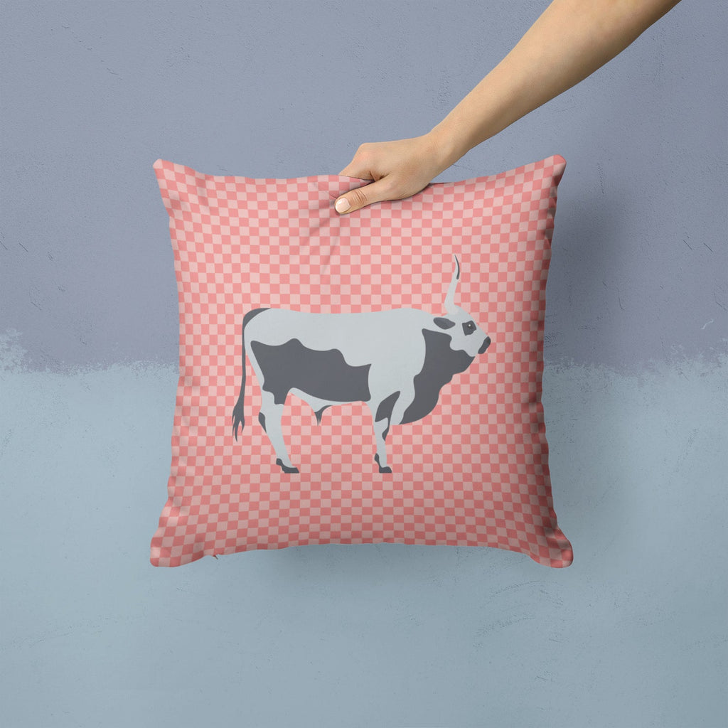 Hungarian Grey Steppe Cow Pink Check Decorative Throw Pillow 14x14 Indoor Outdoor Accent Cushion, Fabric Cover with Insert for Sofa, Bed, Porch & Living Room