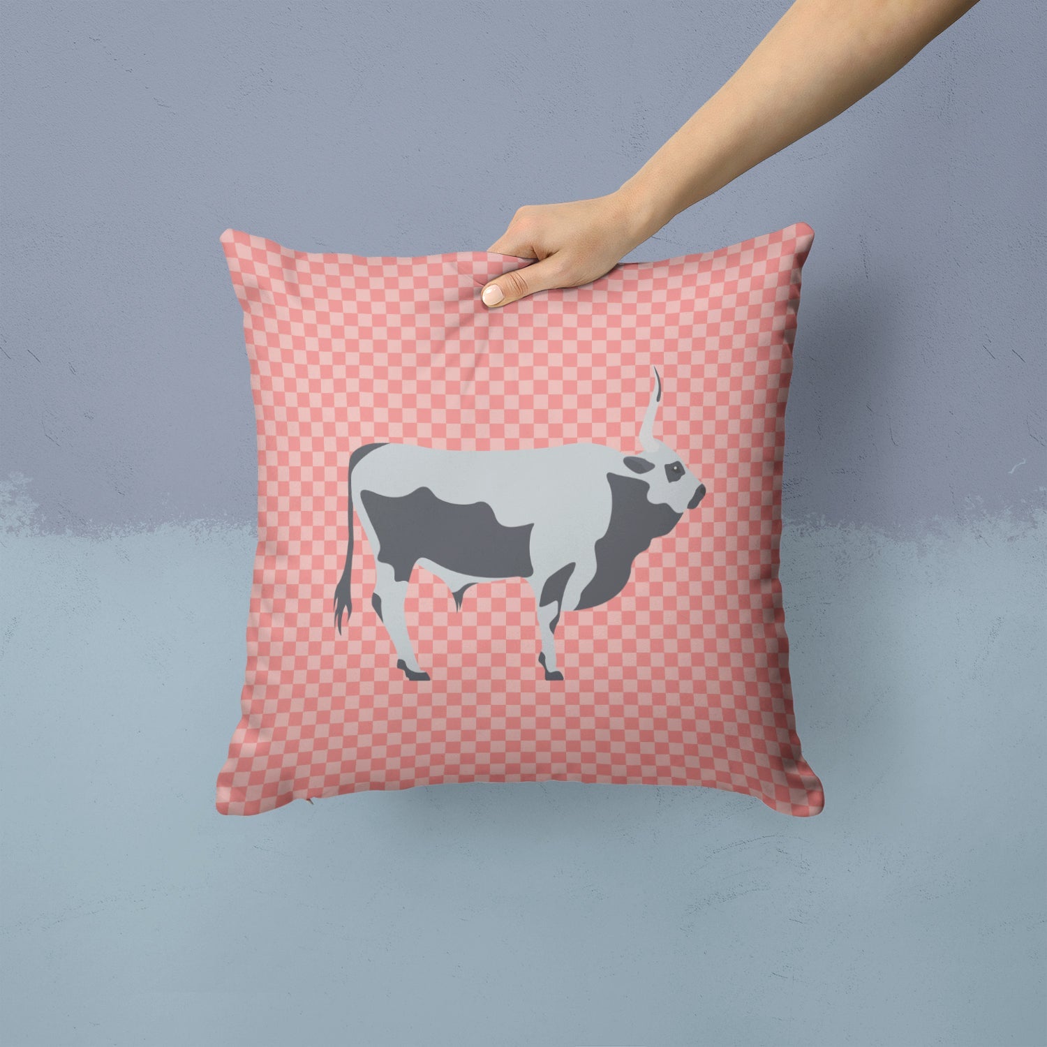 Hungarian Grey Steppe Cow Pink Check Decorative Throw Pillow 14x14 Indoor Outdoor Accent Cushion, Fabric Cover with Insert for Sofa, Bed, Porch & Living Room