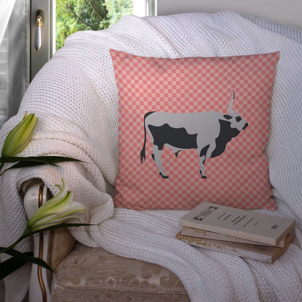 Hungarian Grey Steppe Cow Pink Check Decorative Throw Pillow 14x14 Indoor Outdoor Accent Cushion, Fabric Cover with Insert for Sofa, Bed, Porch & Living Room
