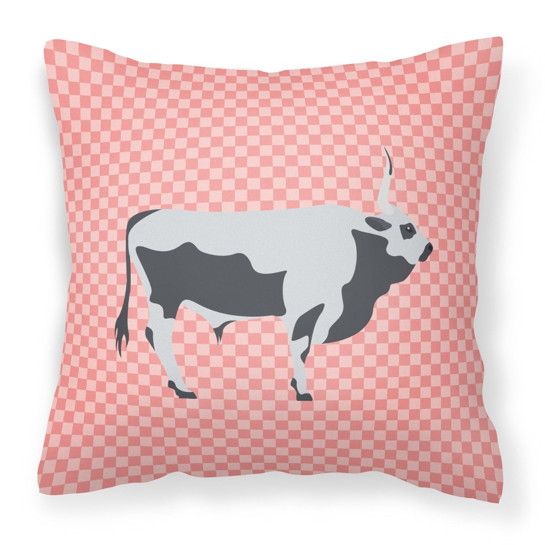 Hungarian Grey Steppe Cow Pink Check Decorative Throw Pillow 18x18 Indoor Outdoor Accent Cushion, Fabric Cover with Insert for Sofa, Bed, Porch & Living Room