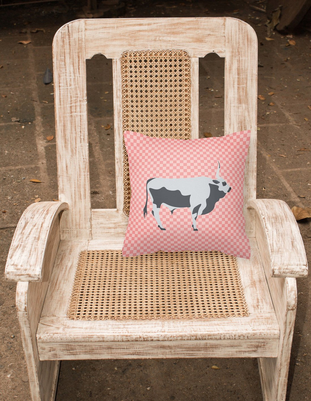 Hungarian Grey Steppe Cow Pink Check Decorative Throw Pillow 18x18 Indoor Outdoor Accent Cushion, Fabric Cover with Insert for Sofa, Bed, Porch & Living Room