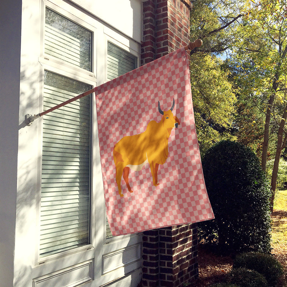 Zebu Indicine Cow Pink Check House Flag 28x40 Porch Sleeve Pole Decorative Outside Yard Banner Artwork Wall Hanging, Polyester