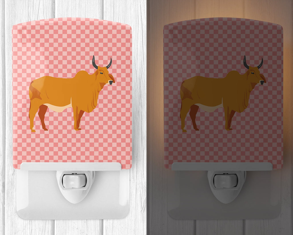 Zebu Indicine Cow Pink Check Ceramic Night Light Compact, UL-Certified, Ideal for Bedroom, Bathroom, Nursery, Hallway, Kitchen, 6x4x3, Multicolor