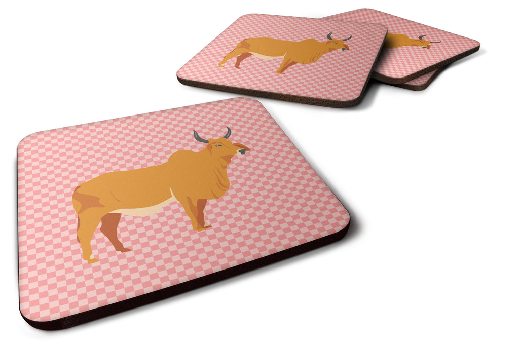 Zebu Indicine Cow Pink Check Foam Coasters Set of 4 Cup Coasters for Indoor Outdoor, Tabletop Protection, Anti Slip, Mouse pad Material