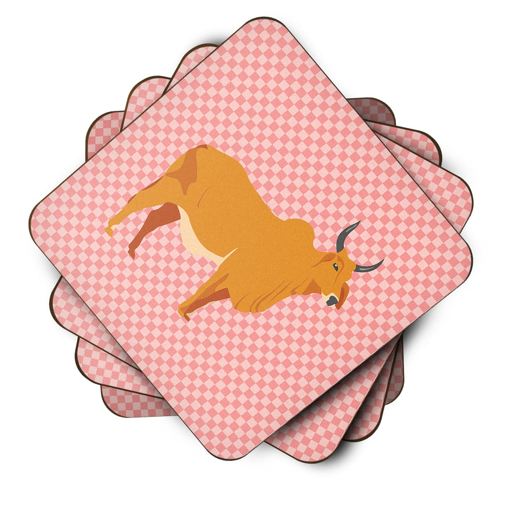 Zebu Indicine Cow Pink Check Foam Coasters Set of 4 Cup Coasters for Indoor Outdoor, Tabletop Protection, Anti Slip, Mouse pad Material