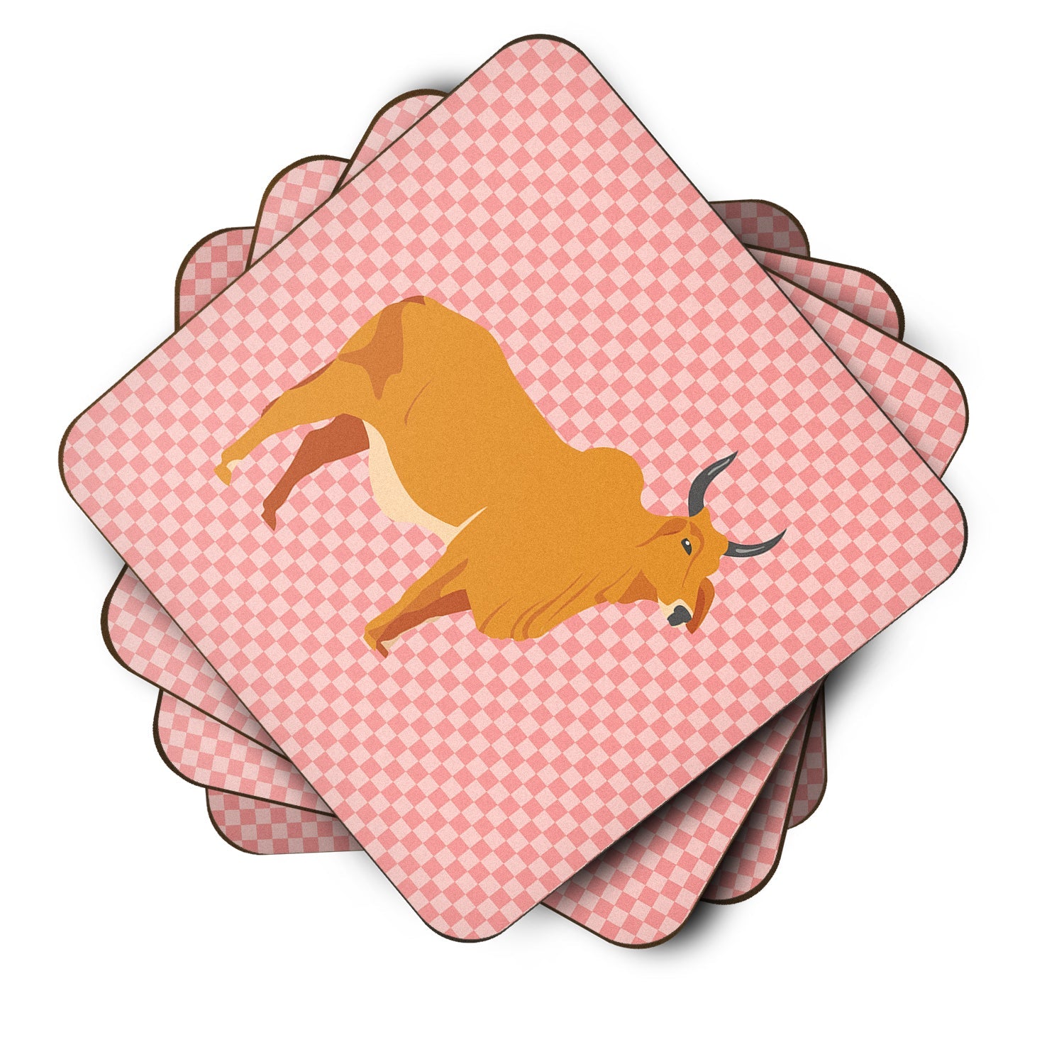 Zebu Indicine Cow Pink Check Foam Coasters Set of 4 Cup Coasters for Indoor Outdoor, Tabletop Protection, Anti Slip, Mouse pad Material