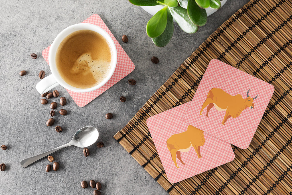Zebu Indicine Cow Pink Check Foam Coasters Set of 4 Cup Coasters for Indoor Outdoor, Tabletop Protection, Anti Slip, Mouse pad Material