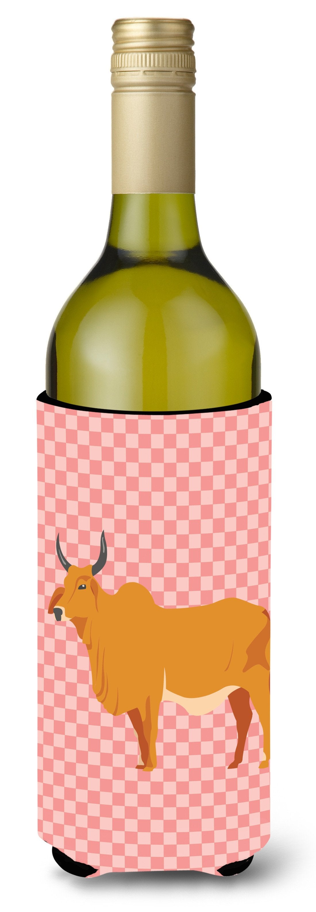 Zebu Indicine Cow Pink Check Wine Bottle Hugger Gift Sleeve for Standard 750 ml Bottles, Insulated Reusable Also Fits Mini Shot & Pint Bottles