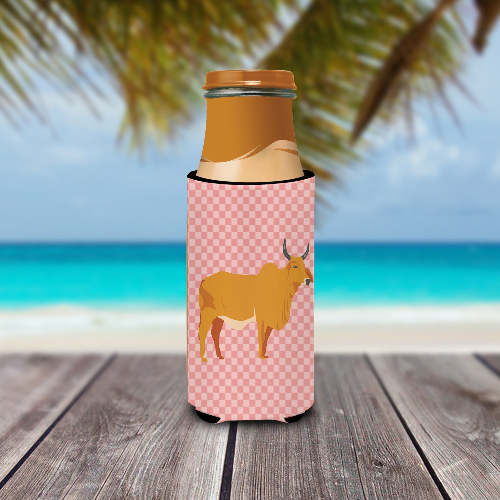 Zebu Indicine Cow Pink Check Slim Can Hugger , Insulated Foam Hugger for 12 oz Slim Cans, Beer Bottles & Water Bottles, Printed in USA
