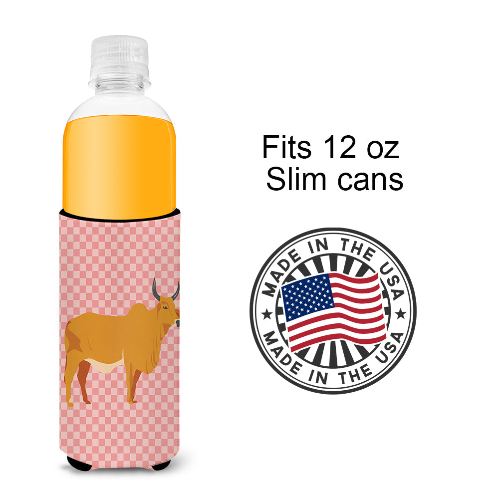 Zebu Indicine Cow Pink Check Slim Can Hugger , Insulated Foam Hugger for 12 oz Slim Cans, Beer Bottles & Water Bottles, Printed in USA