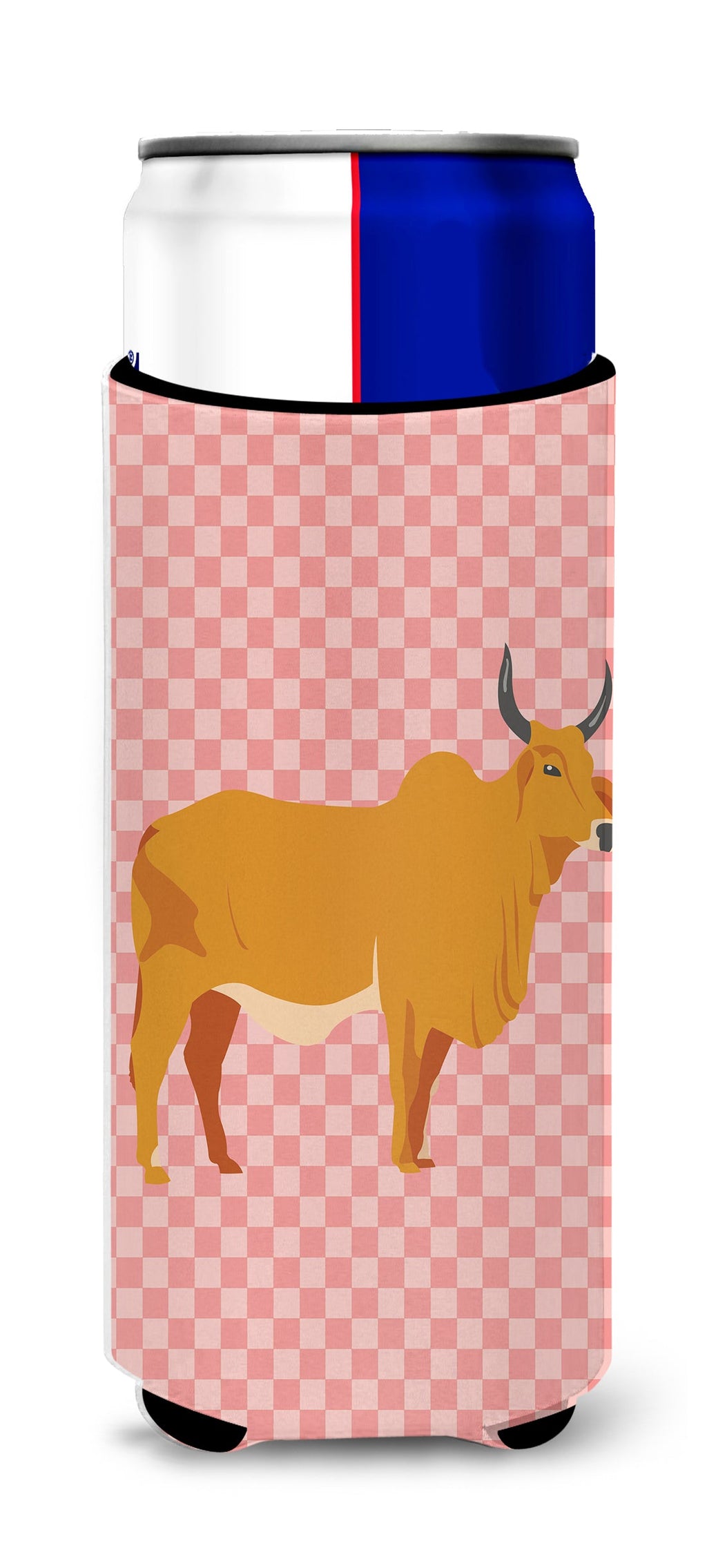Zebu Indicine Cow Pink Check Slim Can Hugger , Insulated Foam Hugger for 12 oz Slim Cans, Beer Bottles & Water Bottles, Printed in USA