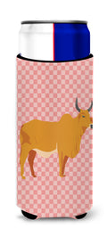 Zebu Indicine Cow Pink Check Slim Can Hugger , Insulated Foam Hugger for 12 oz Slim Cans, Beer Bottles & Water Bottles, Printed in USA