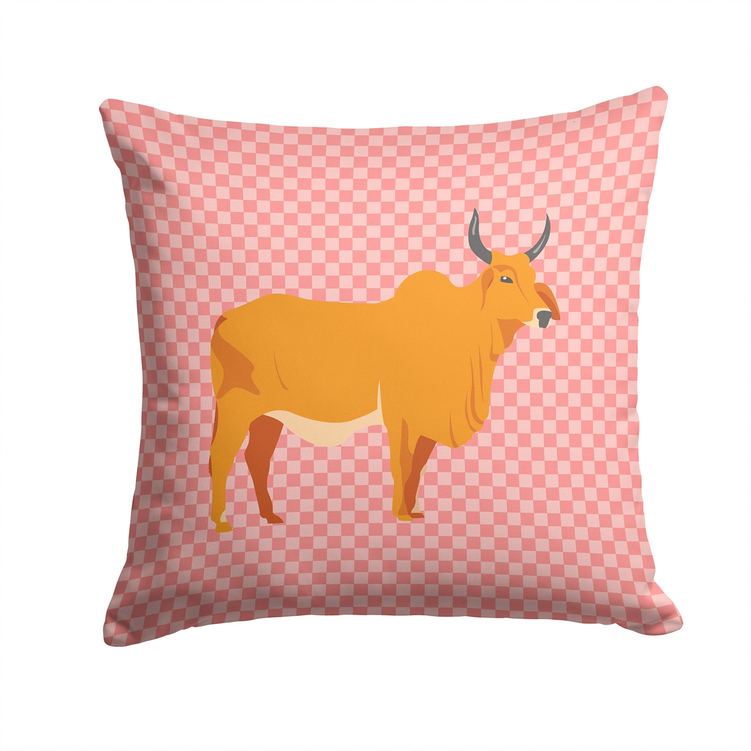 Zebu Indicine Cow Pink Check Decorative Throw Pillow 14x14 Indoor Outdoor Accent Cushion, Fabric Cover with Insert for Sofa, Bed, Porch & Living Room
