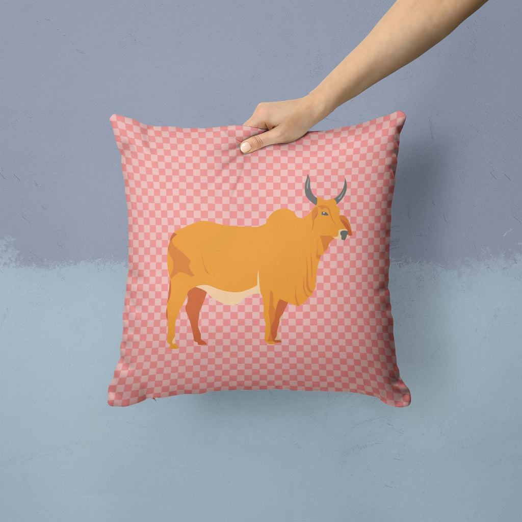 Zebu Indicine Cow Pink Check Decorative Throw Pillow 14x14 Indoor Outdoor Accent Cushion, Fabric Cover with Insert for Sofa, Bed, Porch & Living Room