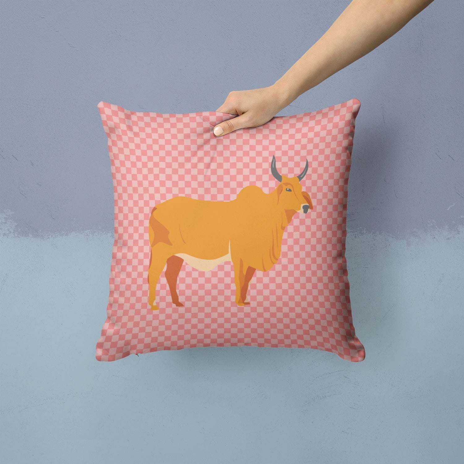 Zebu Indicine Cow Pink Check Decorative Throw Pillow 14x14 Indoor Outdoor Accent Cushion, Fabric Cover with Insert for Sofa, Bed, Porch & Living Room