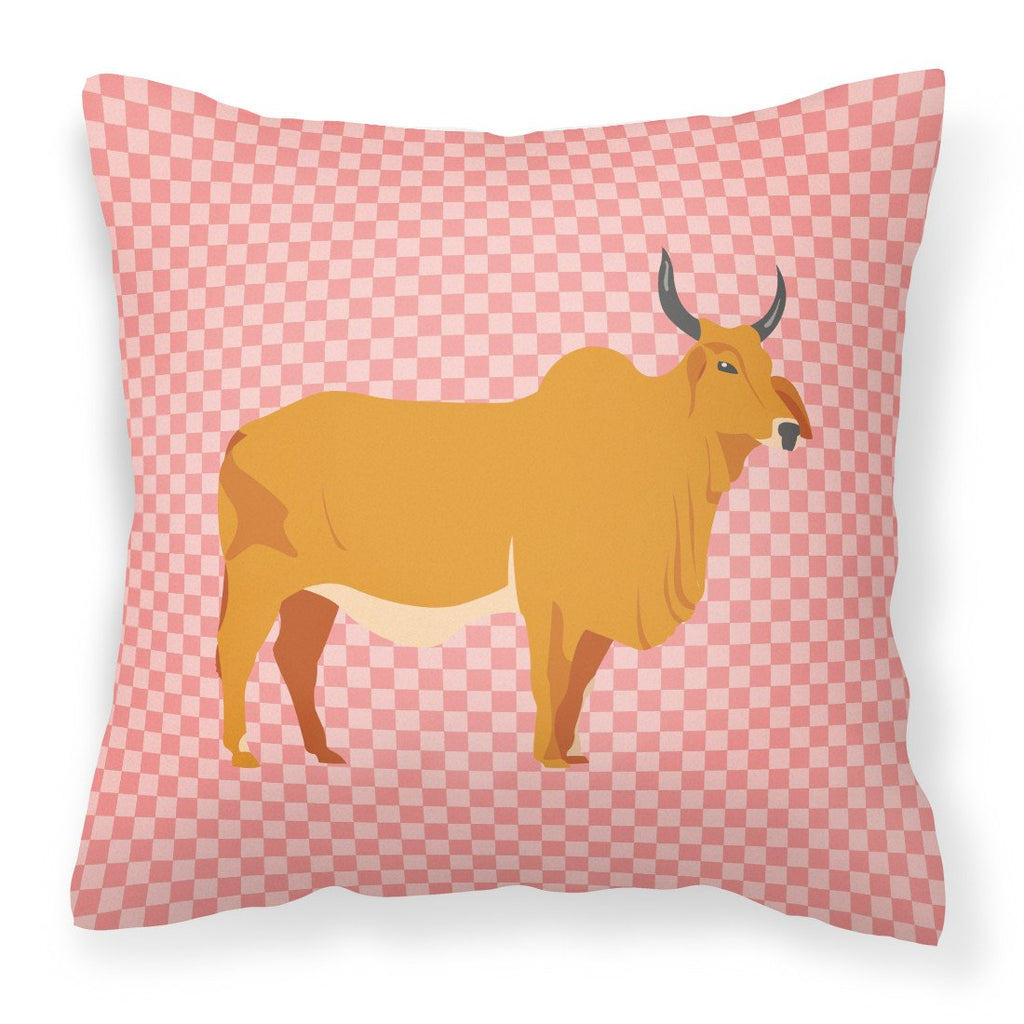 Zebu Indicine Cow Pink Check Decorative Throw Pillow 18x18 Indoor Outdoor Accent Cushion, Fabric Cover with Insert for Sofa, Bed, Porch & Living Room