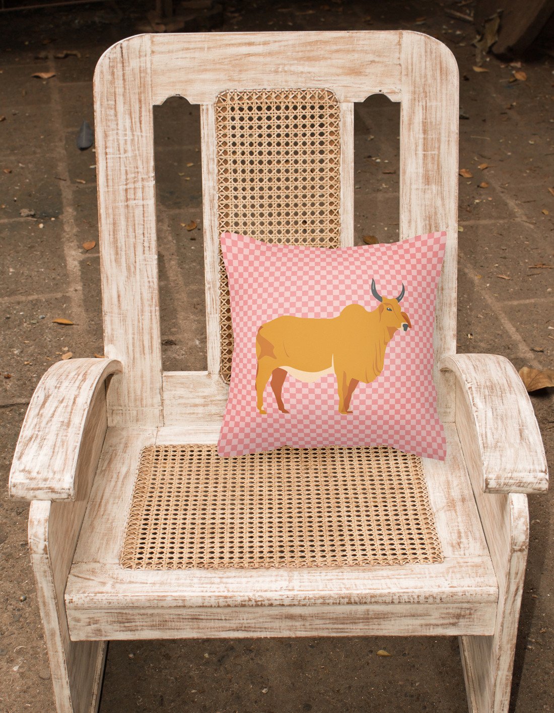 Zebu Indicine Cow Pink Check Decorative Throw Pillow 18x18 Indoor Outdoor Accent Cushion, Fabric Cover with Insert for Sofa, Bed, Porch & Living Room