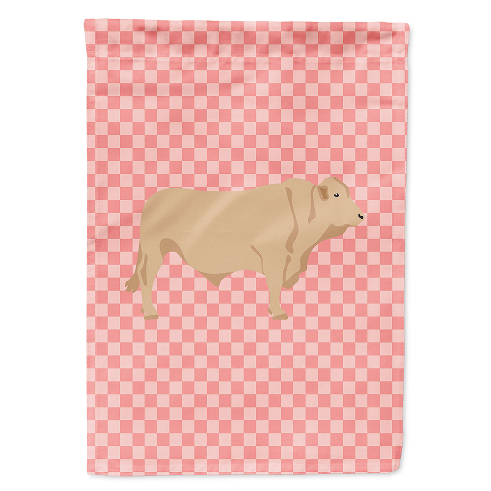 Charolais Cow Pink Check House Flag 28x40 Porch Sleeve Pole Decorative Outside Yard Banner Artwork Wall Hanging, Polyester