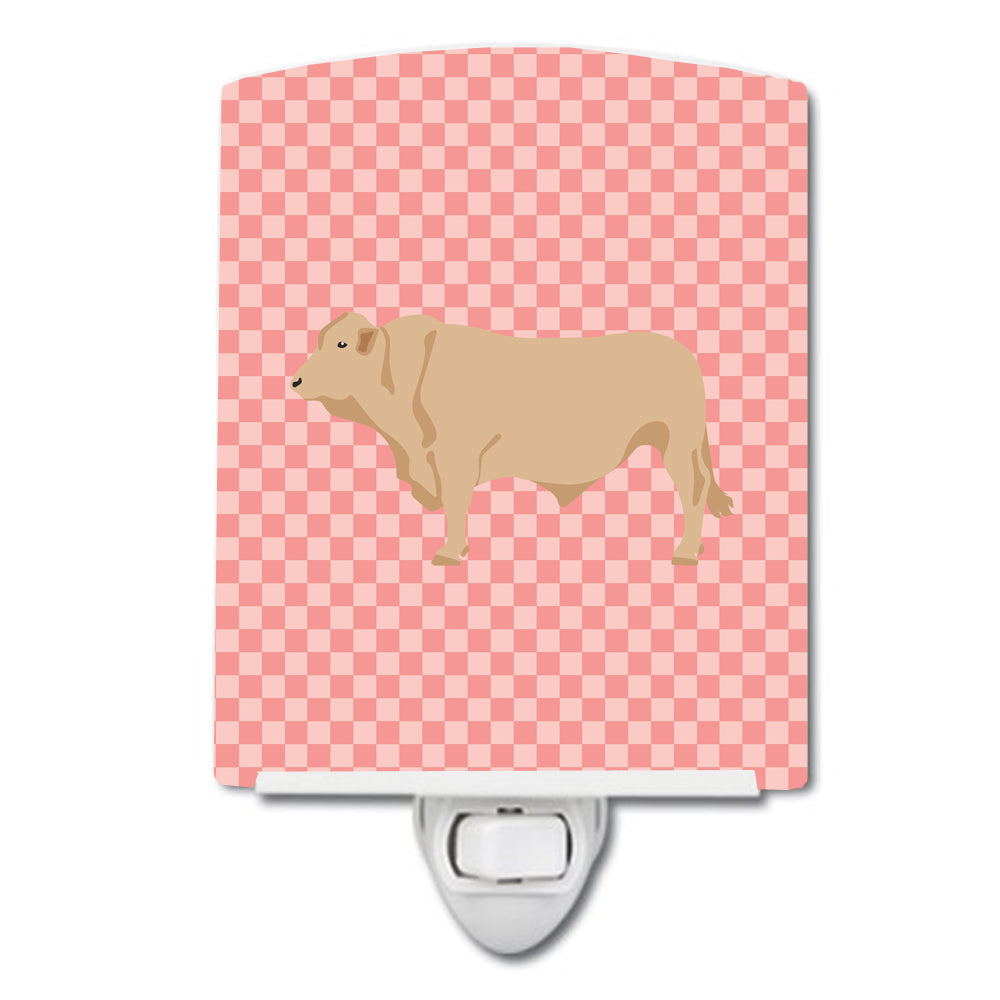 Charolais Cow Pink Check Ceramic Night Light Compact, UL-Certified, Ideal for Bedroom, Bathroom, Nursery, Hallway, Kitchen, 6x4x3, Multicolor