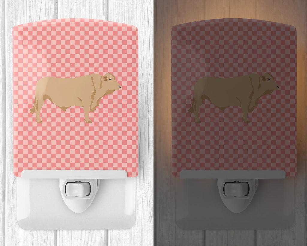 Charolais Cow Pink Check Ceramic Night Light Compact, UL-Certified, Ideal for Bedroom, Bathroom, Nursery, Hallway, Kitchen, 6x4x3, Multicolor