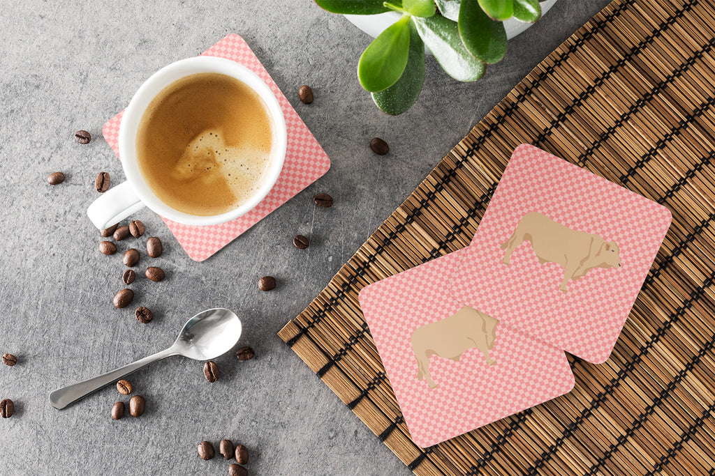 Charolais Cow Pink Check Foam Coasters Set of 4 Cup Coasters for Indoor Outdoor, Tabletop Protection, Anti Slip, Mouse pad Material